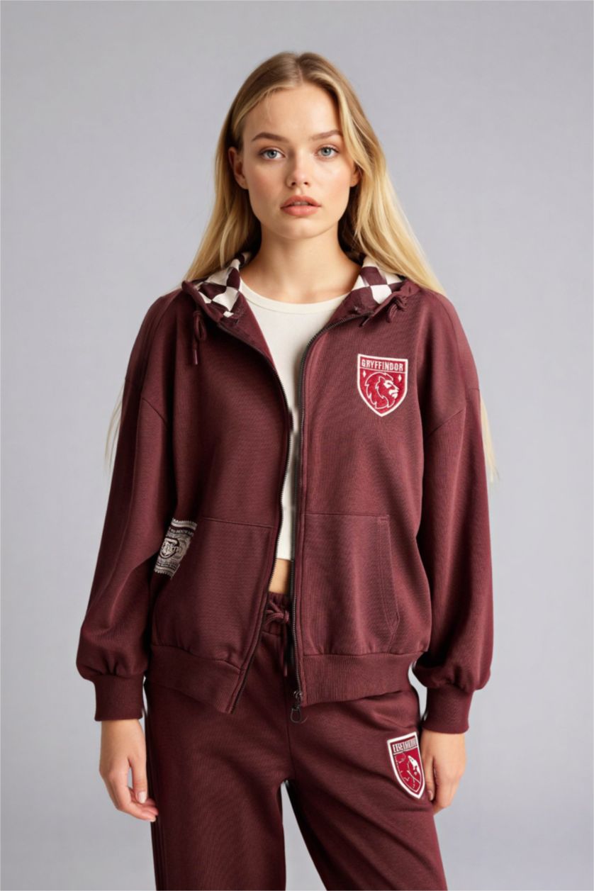 Woman Brown Oversize Fit Hooded Printed Harry Potter Licensed Cardigan