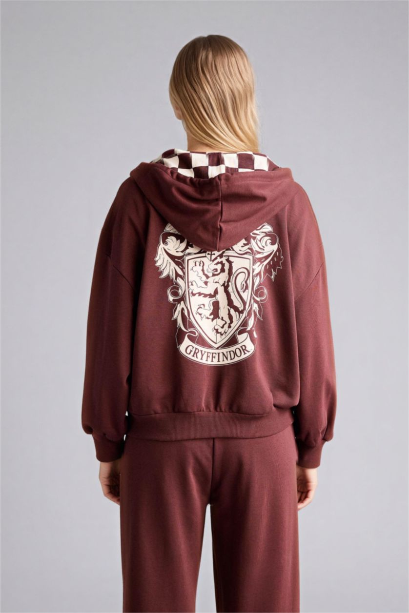 Woman Brown Oversize Fit Hooded Printed Harry Potter Licensed Cardigan