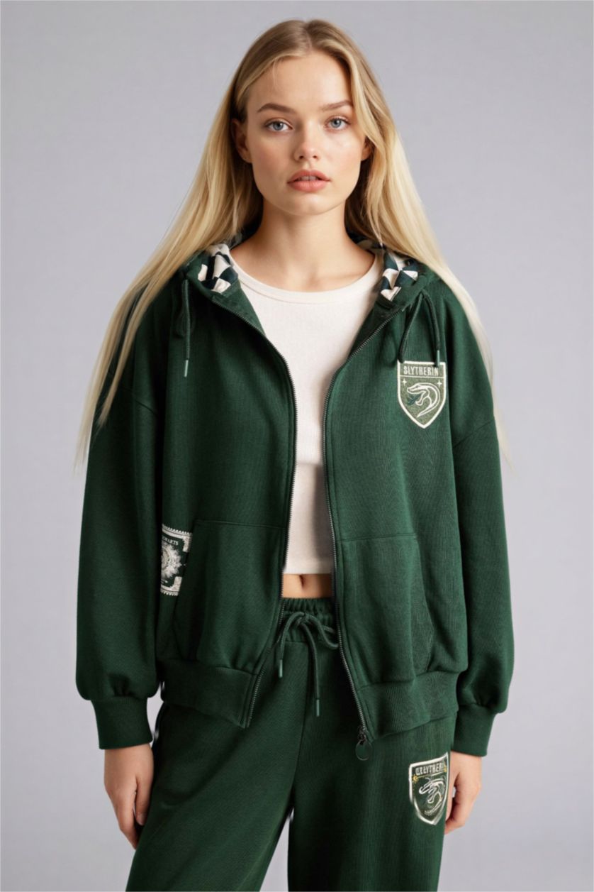 Woman Dark Green Oversize Fit Printed Harry Potter Licensed Cardigan