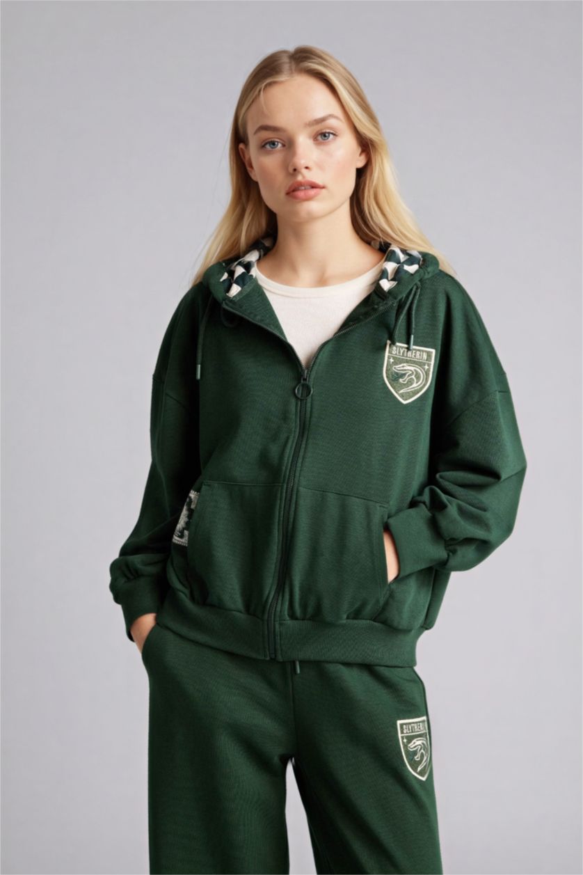 Woman Dark Green Oversize Fit Printed Harry Potter Licensed Cardigan