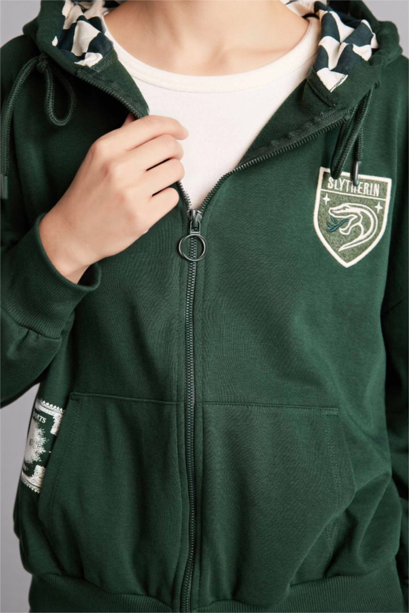 Woman Dark Green Oversize Fit Printed Harry Potter Licensed Cardigan