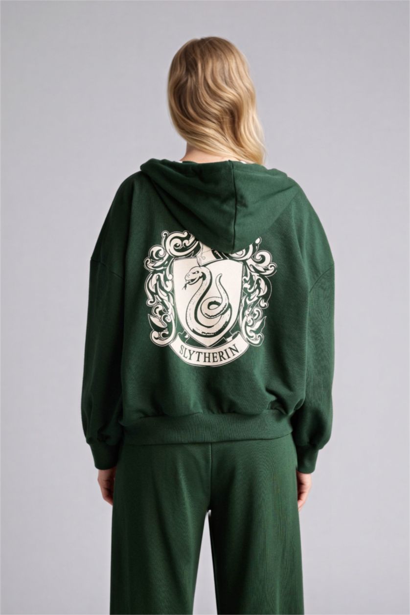 Woman Dark Green Oversize Fit Printed Harry Potter Licensed Cardigan