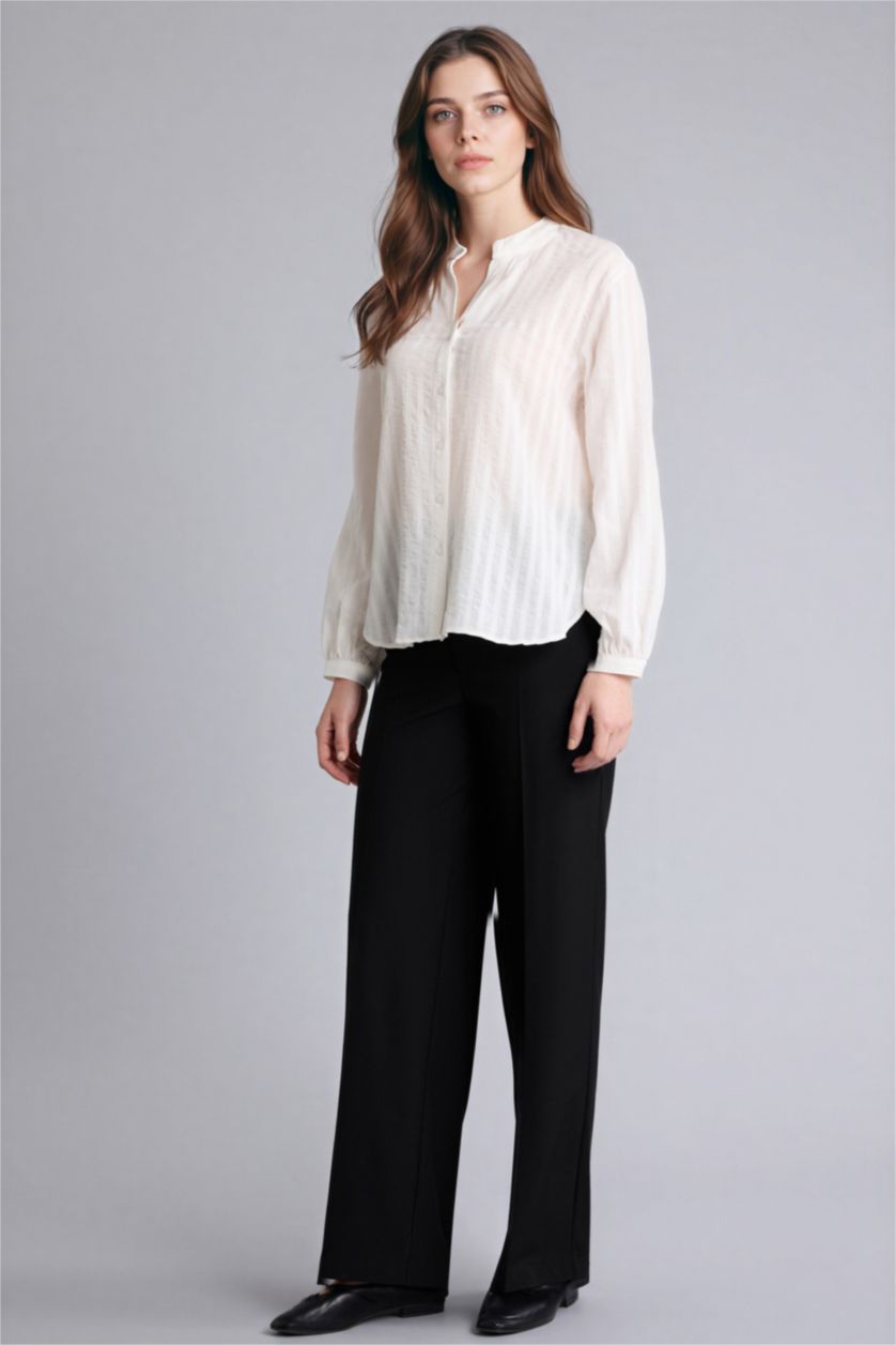 Woman Ecru Regular Fit Crew Neck Cotton Long Sleeve Shirt