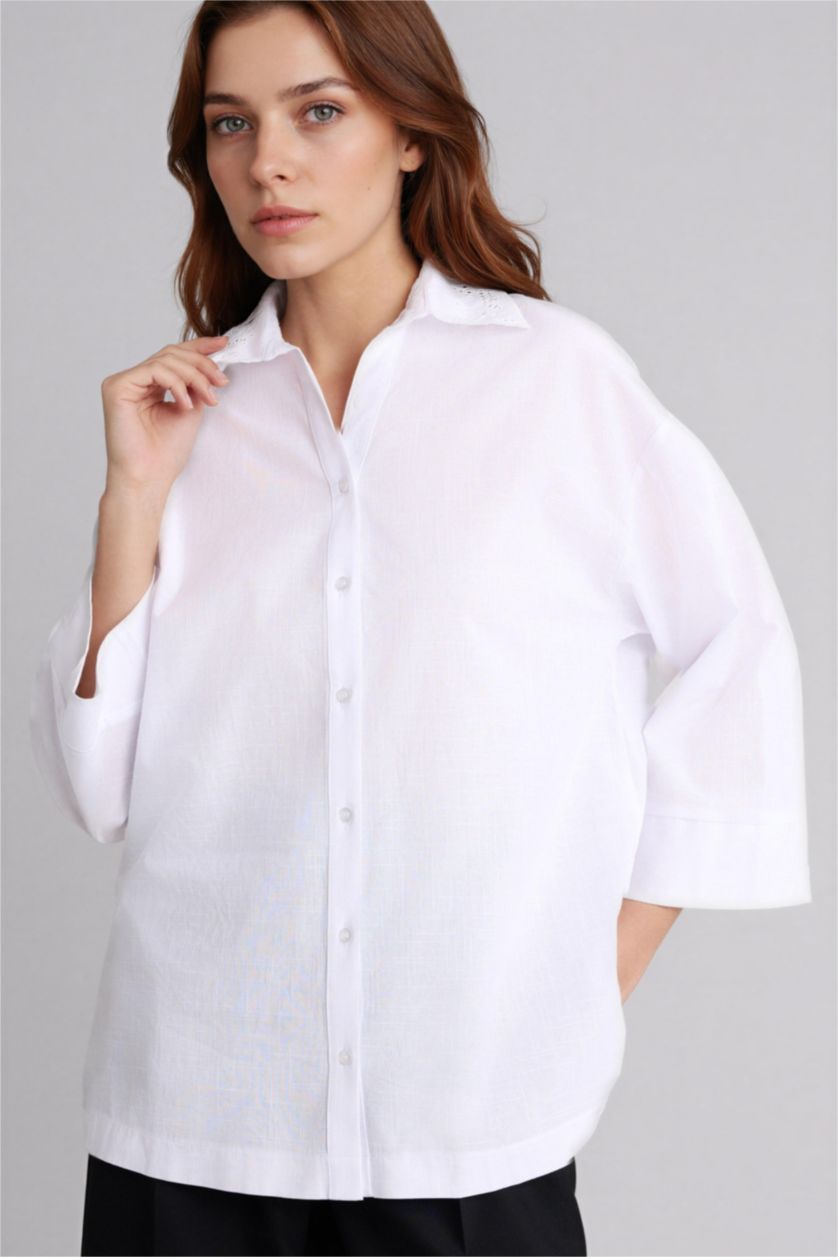 Kadın Kırık Beyaz Regular Fıt Gömlek Yaka Flamlı Pamuk Uzun Kollu Gömlek
