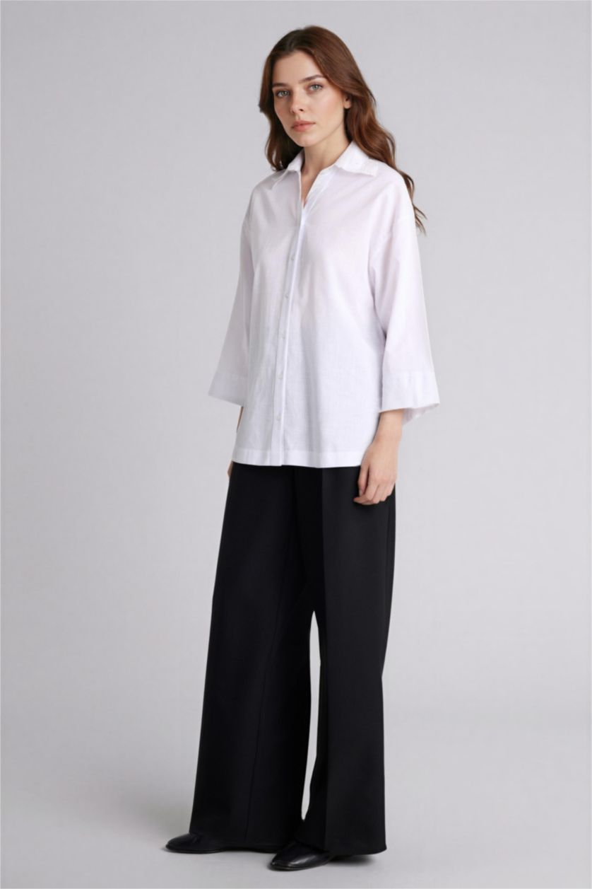 Kadın Kırık Beyaz Regular Fıt Gömlek Yaka Flamlı Pamuk Uzun Kollu Gömlek