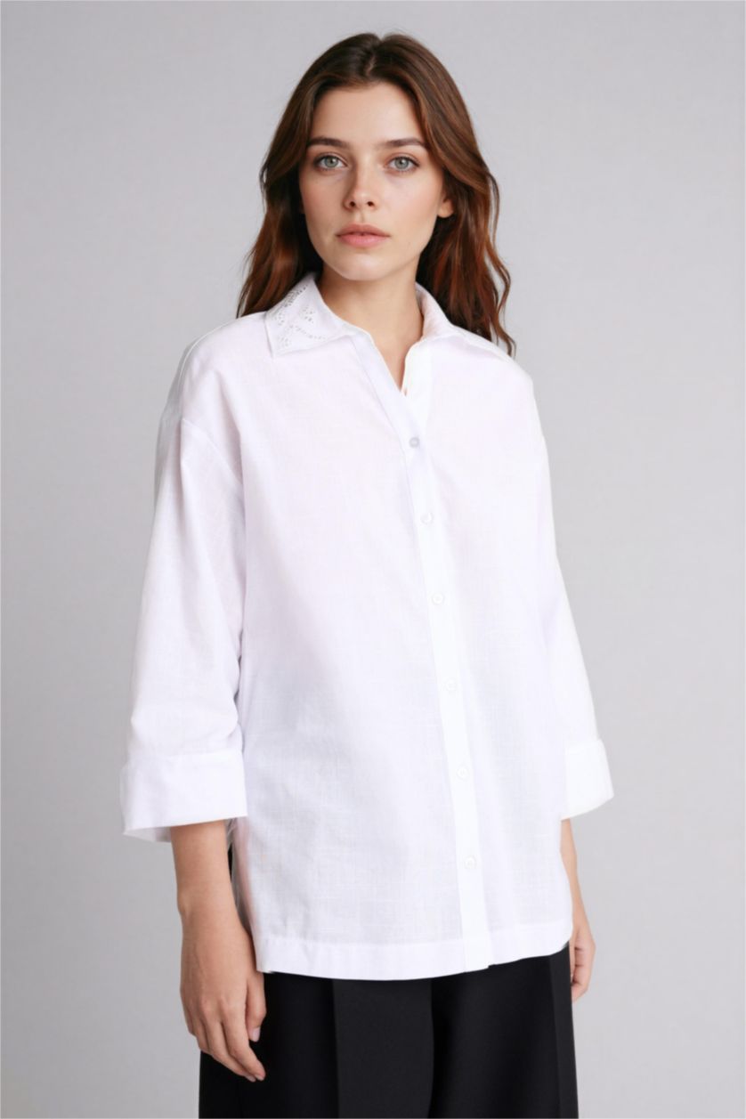 Kadın Kırık Beyaz Regular Fıt Gömlek Yaka Flamlı Pamuk Uzun Kollu Gömlek