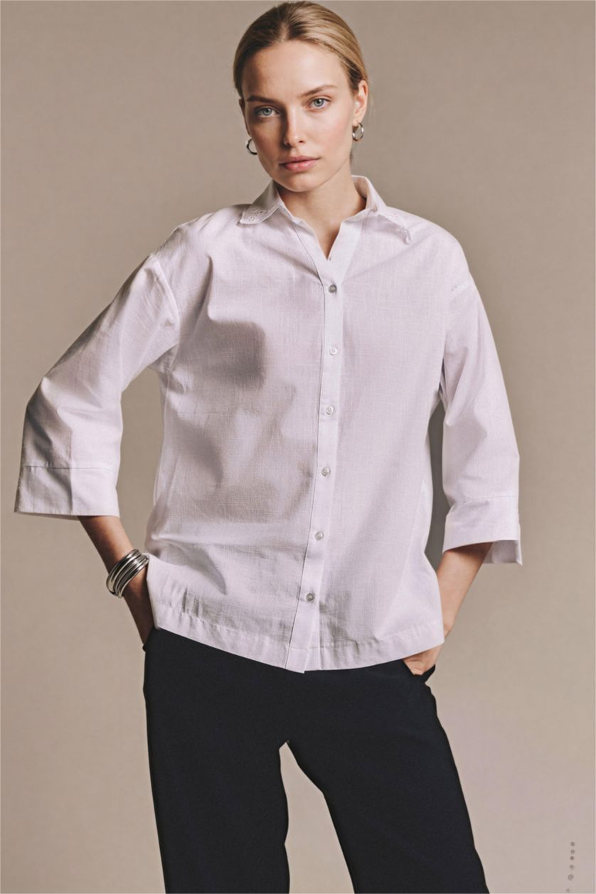 FEMME Blanc Chemise en coton flammé à manches longues