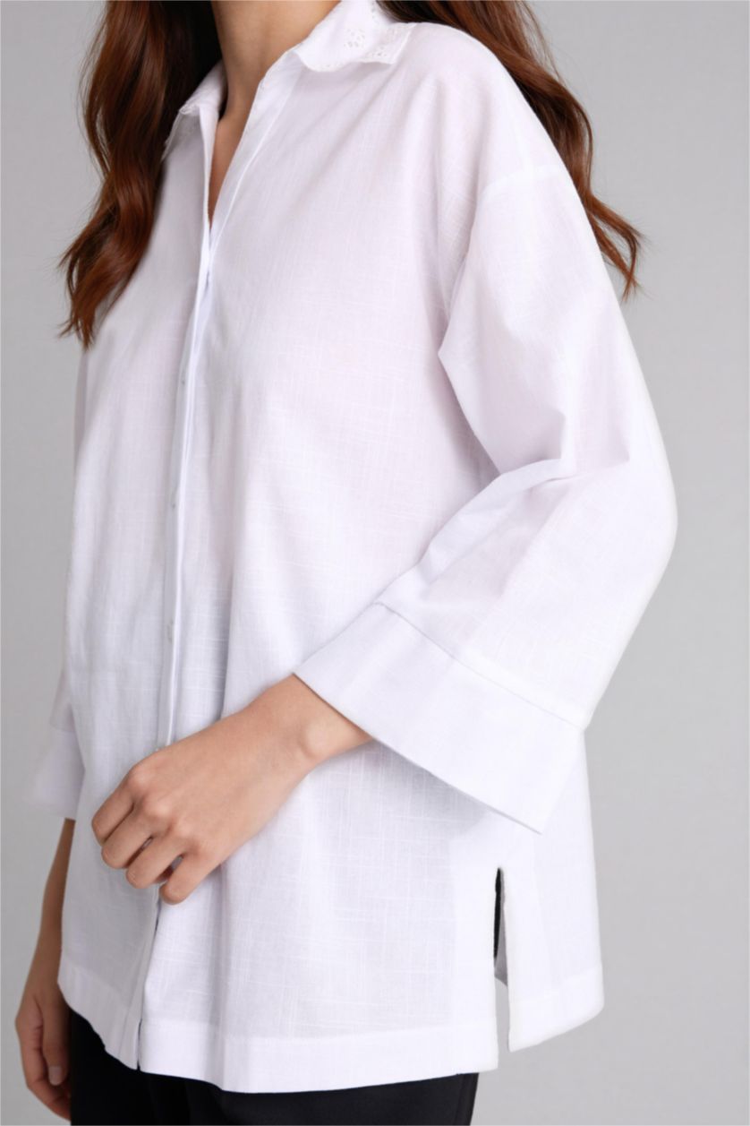 Kadın Kırık Beyaz Regular Fıt Gömlek Yaka Flamlı Pamuk Uzun Kollu Gömlek
