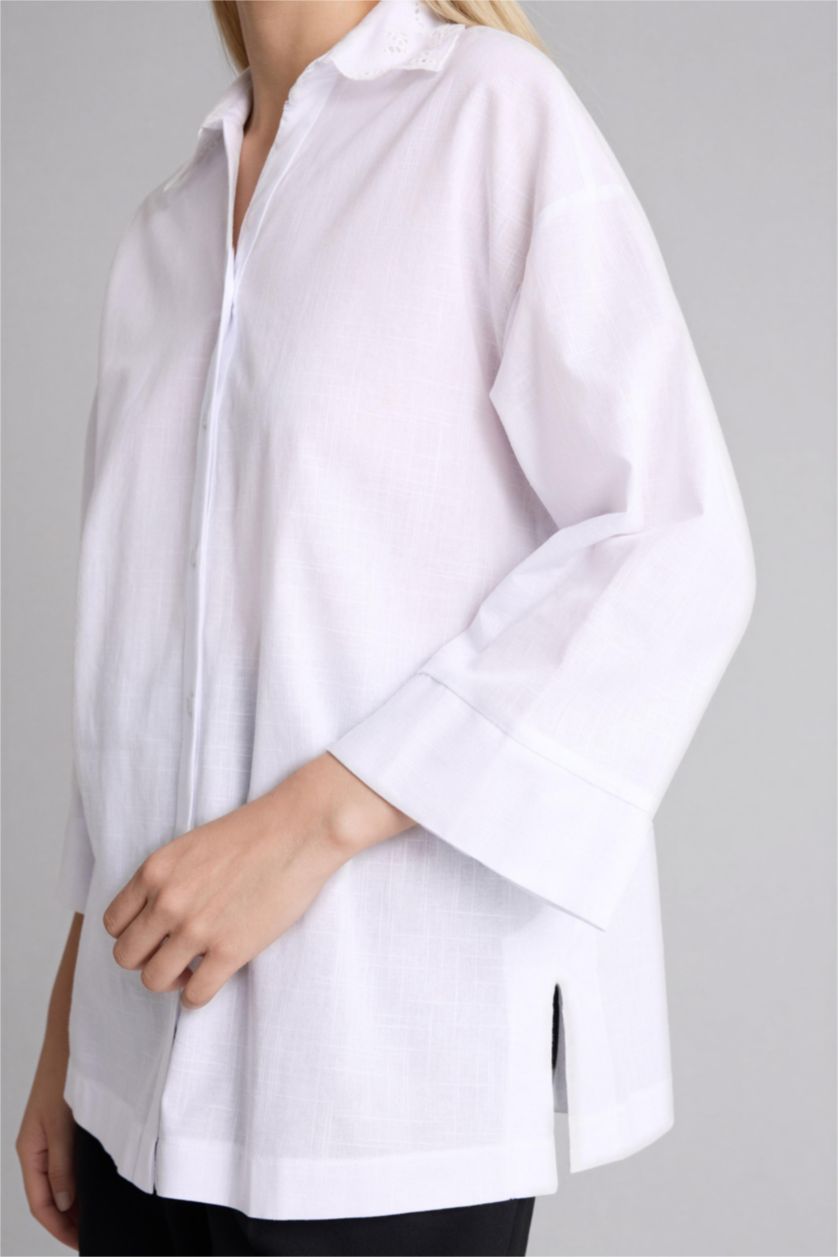 FEMME Blanc Chemise en coton flammé à manches longues