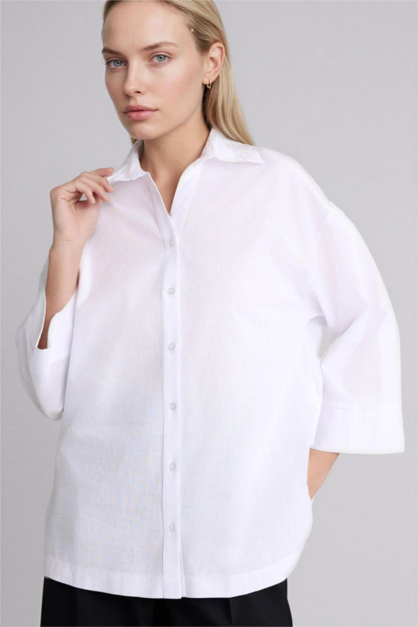 FEMME Blanc Chemise en coton flammé à manches longues