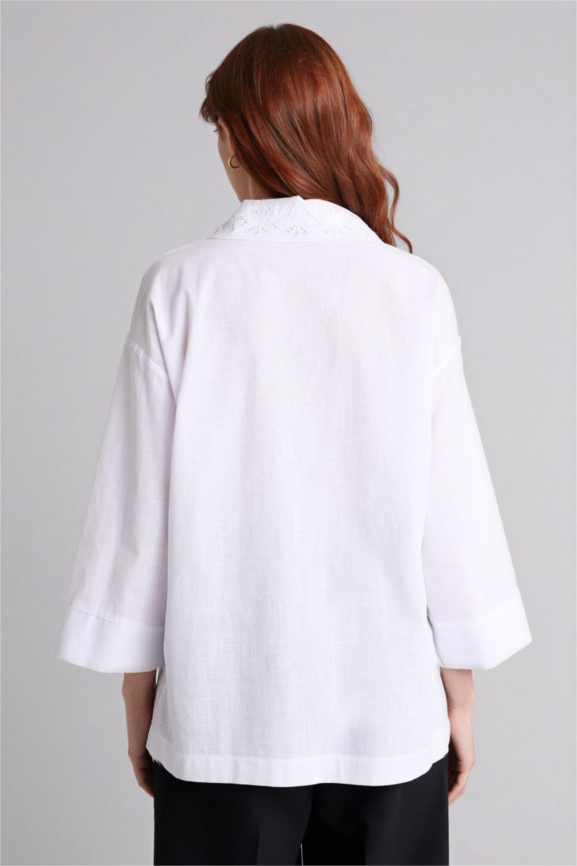 Kadın Kırık Beyaz Regular Fıt Gömlek Yaka Flamlı Pamuk Uzun Kollu Gömlek