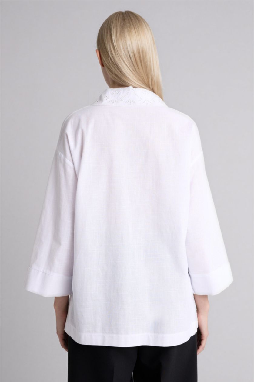 FEMME Blanc Chemise en coton flammé à manches longues