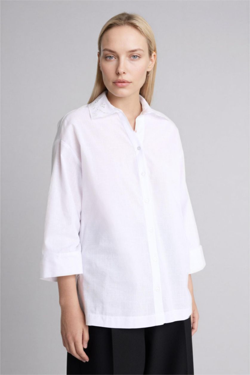 FEMME Blanc Chemise en coton flammé à manches longues