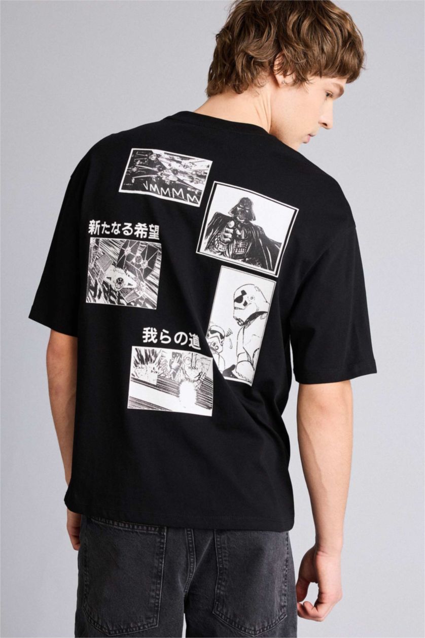 Erkek Siyah Star Wars Boxy Fıt Baskılı Tişört