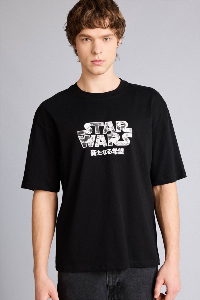 Erkek Siyah Star Wars Boxy Fıt Baskılı Tişört
