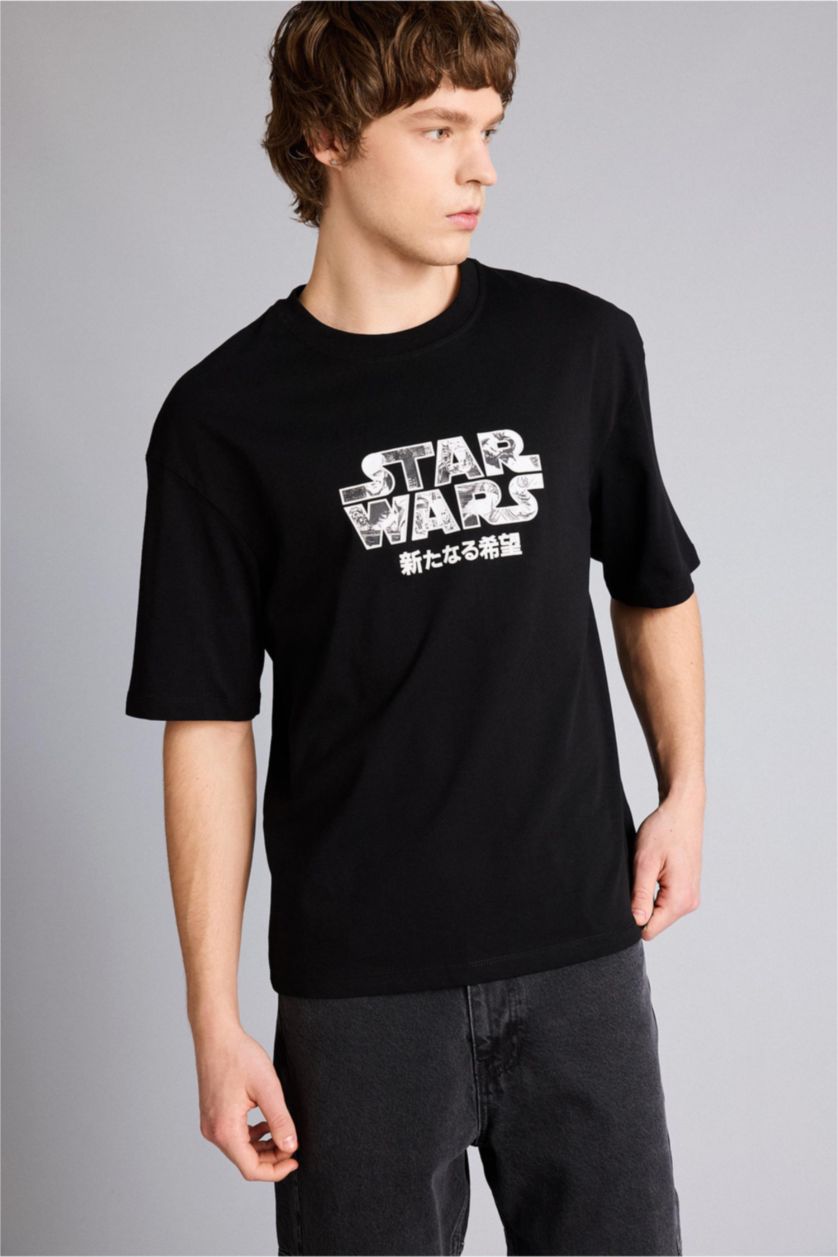 Erkek Siyah Star Wars Boxy Fıt Baskılı Tişört