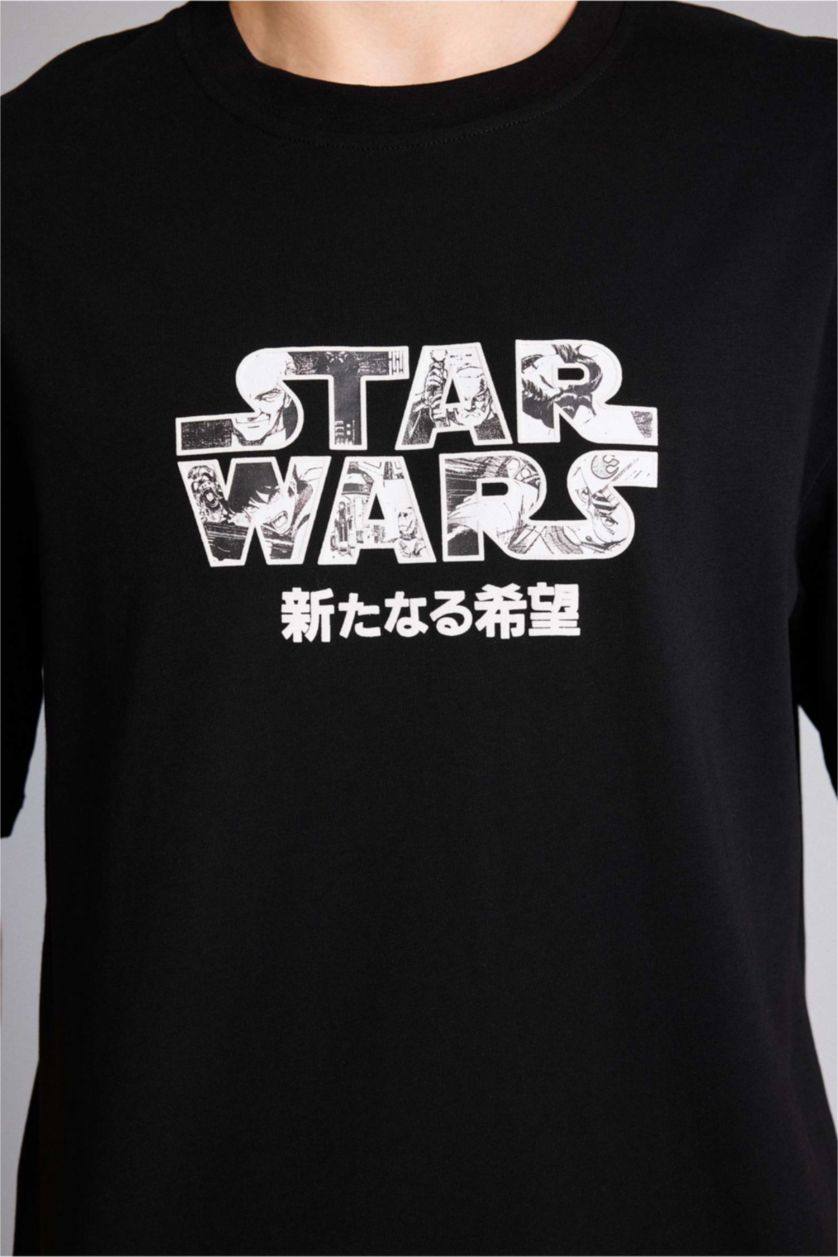 Erkek Siyah Star Wars Boxy Fıt Baskılı Tişört