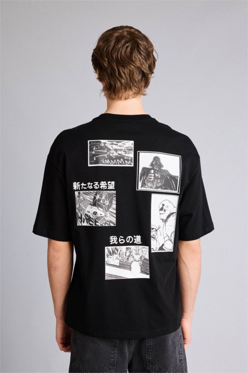 Erkek Siyah Star Wars Boxy Fıt Baskılı Tişört