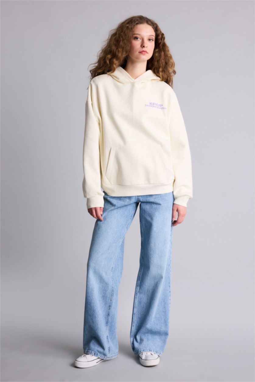 نساء بيج فاتح سويت شيرت اوفر سايز بغطاء للرأس بجيب من هيلو كيتي