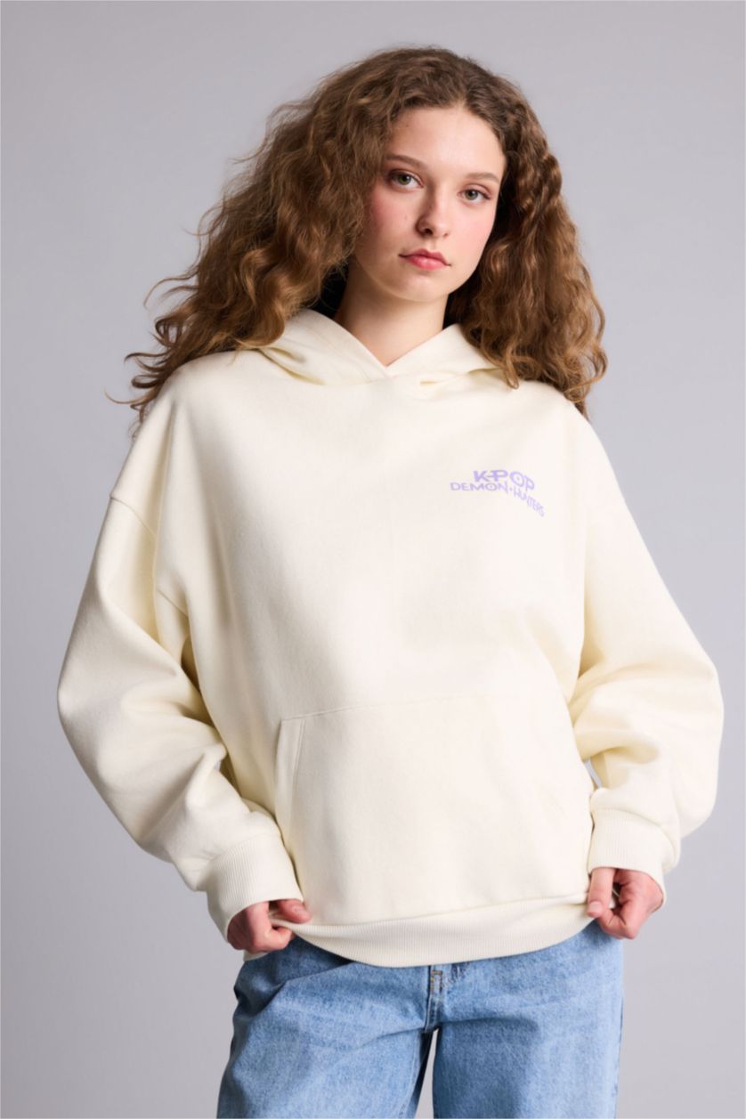 نساء بيج فاتح سويت شيرت اوفر سايز بغطاء للرأس بجيب من هيلو كيتي