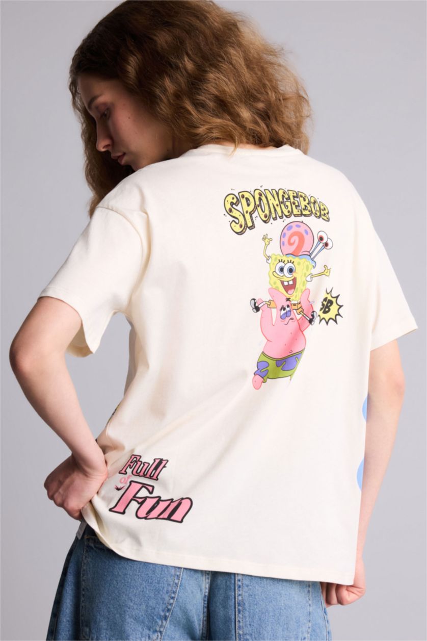 Kadın Ekru SpongeBob Oversıze Sırt Baskılı Tişört