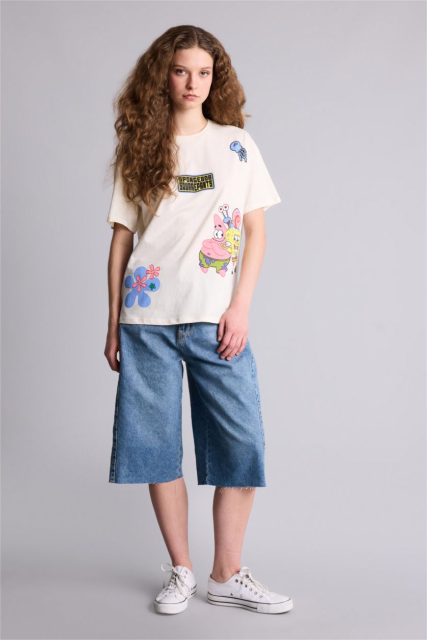 Kadın Ekru SpongeBob Oversıze Sırt Baskılı Tişört