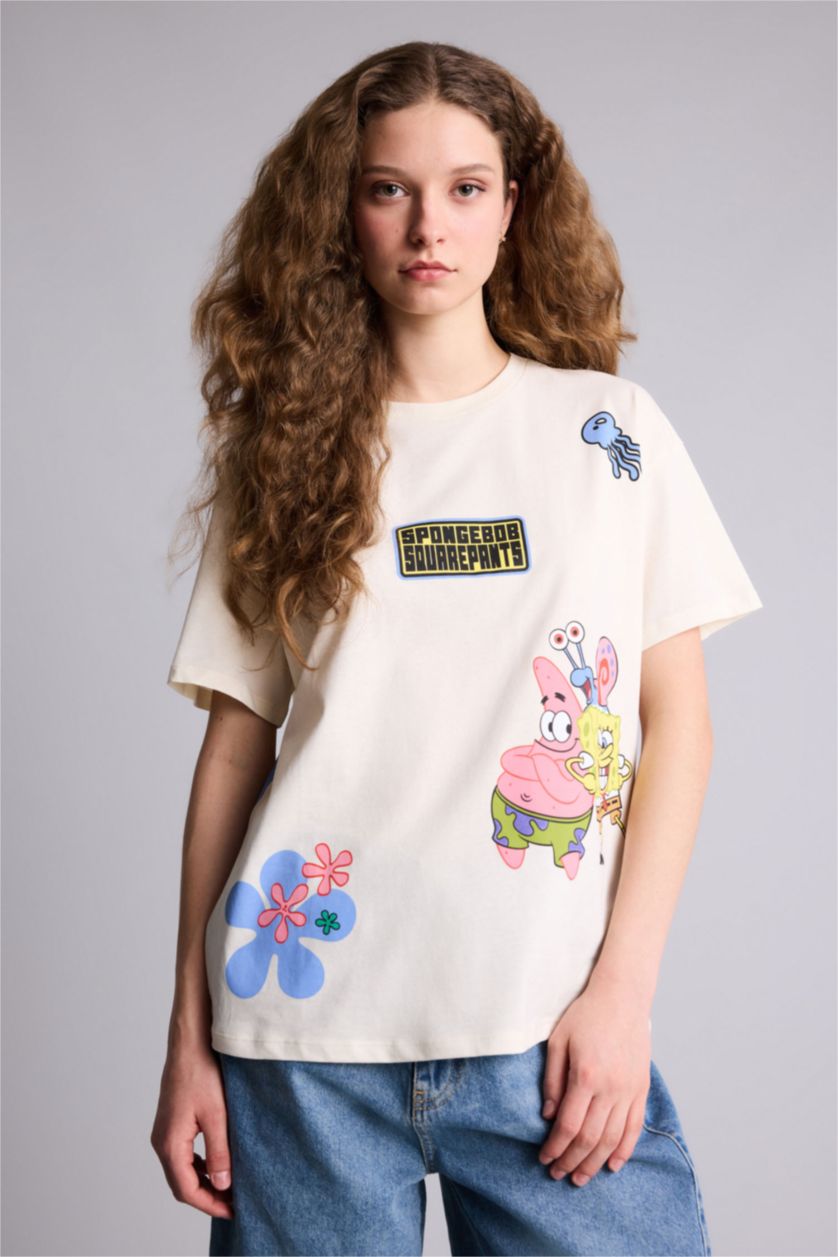 Kadın Ekru SpongeBob Oversıze Sırt Baskılı Tişört