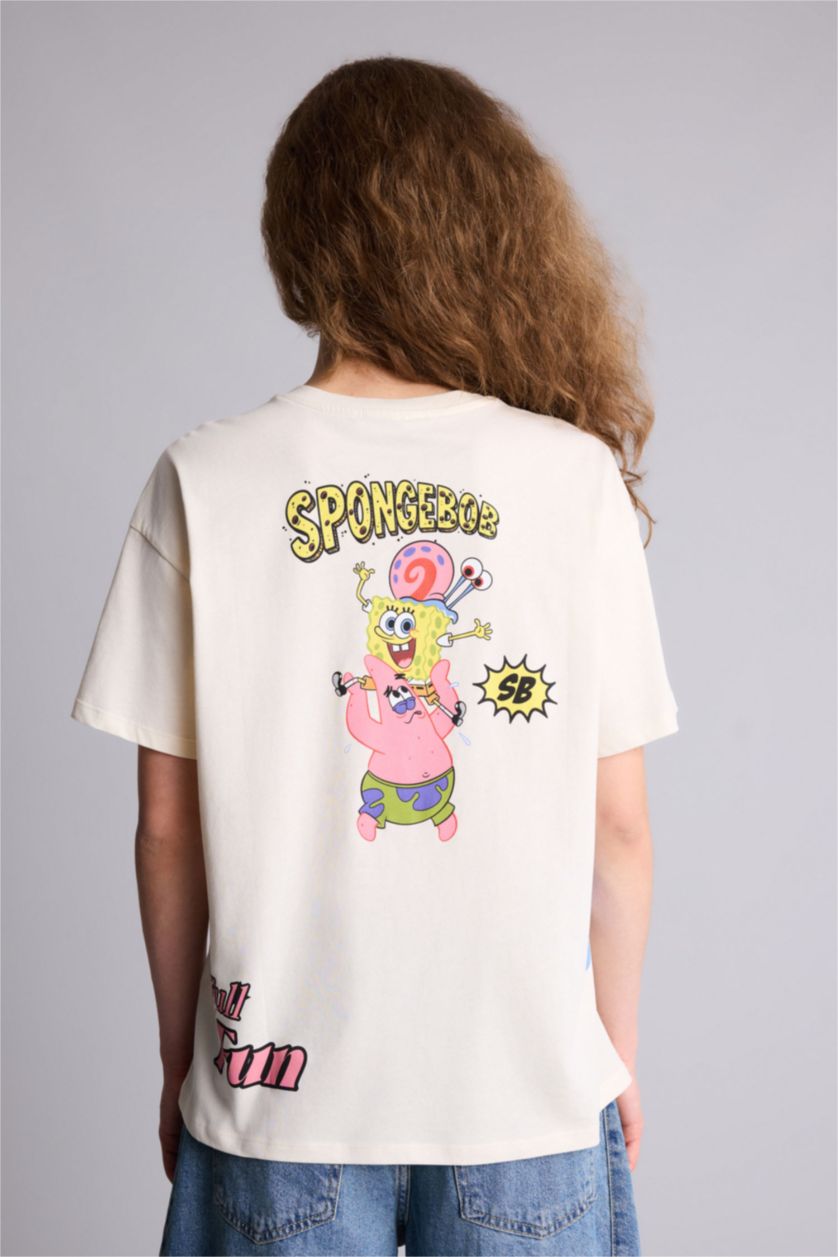 Kadın Ekru SpongeBob Oversıze Sırt Baskılı Tişört