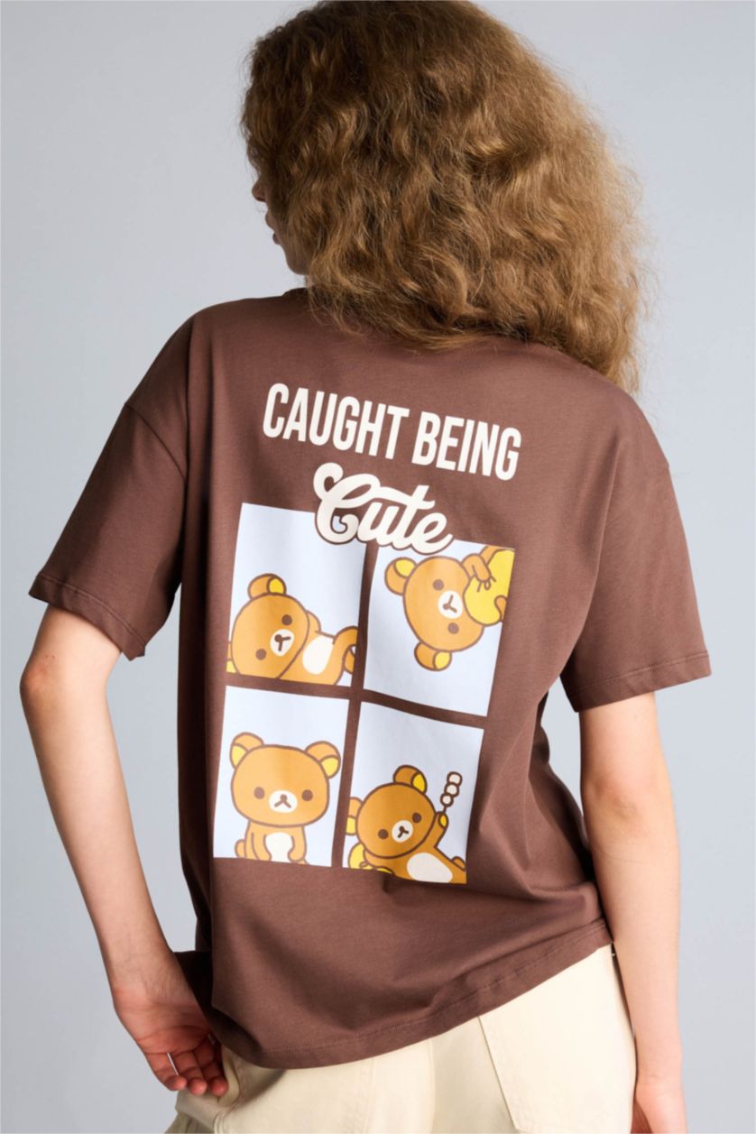 Kadın Kahve Rilakkuma Oversıze Sırt Baskılı Tişört