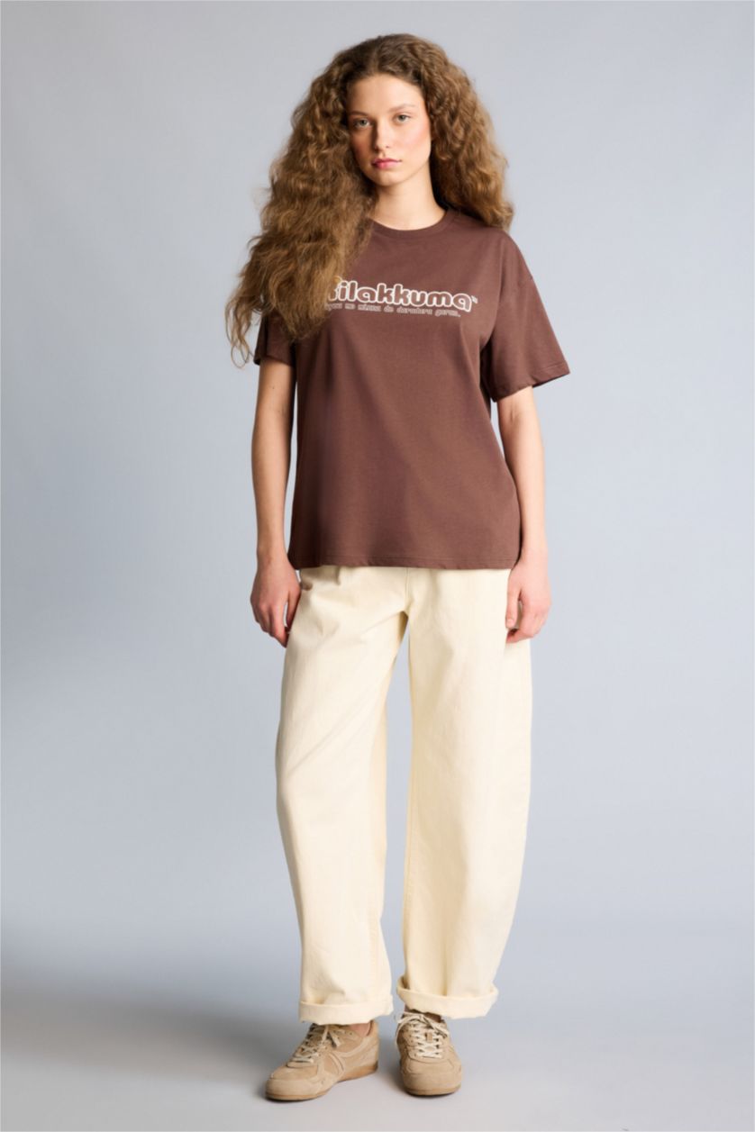 Kadın Kahve Rilakkuma Oversıze Sırt Baskılı Tişört