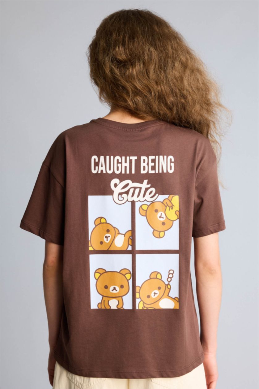Kadın Kahve Rilakkuma Oversıze Sırt Baskılı Tişört