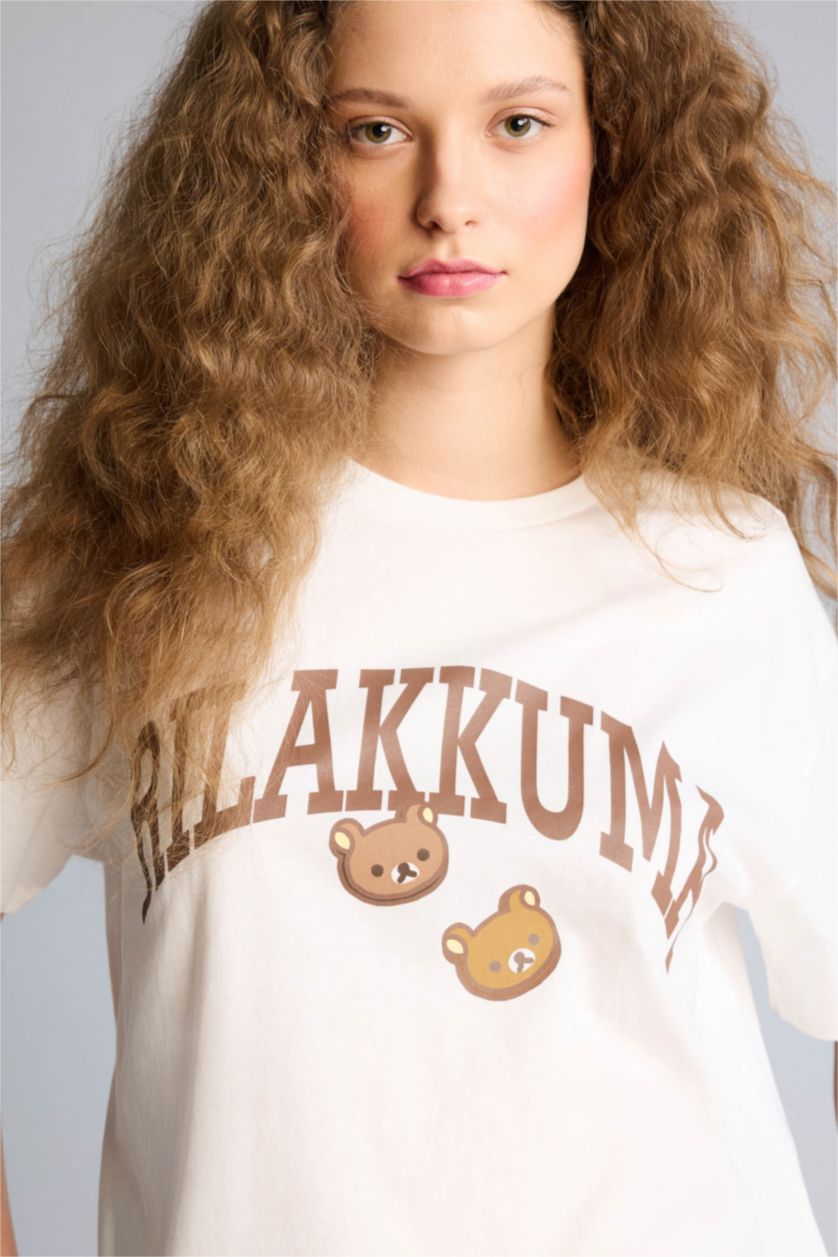 Kadın Kırık Beyaz Rilakkuma Oversıze Sırt Baskılı Tişört