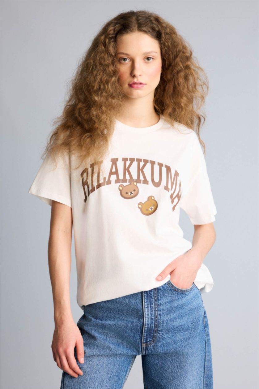 Kadın Kırık Beyaz Rilakkuma Oversıze Sırt Baskılı Tişört