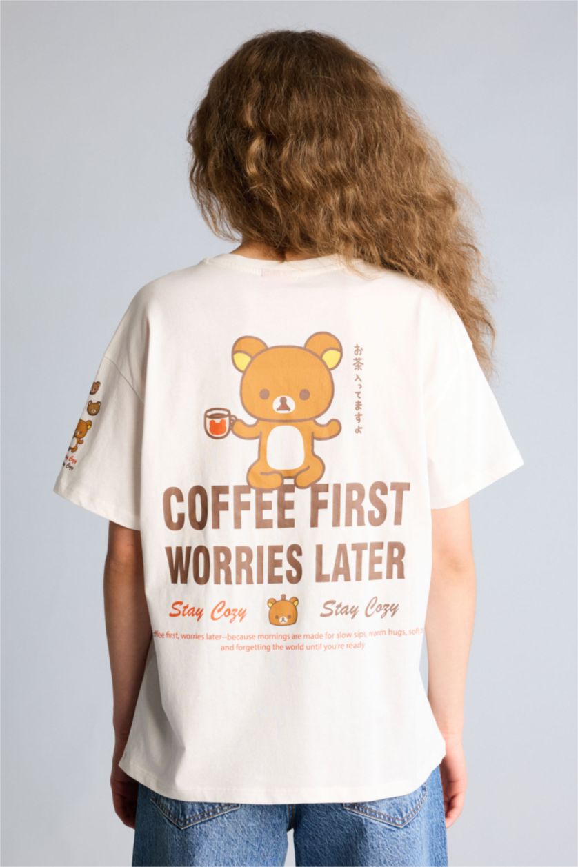 Kadın Kırık Beyaz Rilakkuma Oversıze Sırt Baskılı Tişört