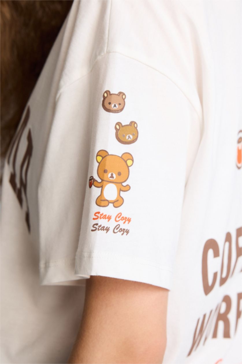 Kadın Kırık Beyaz Rilakkuma Oversıze Sırt Baskılı Tişört