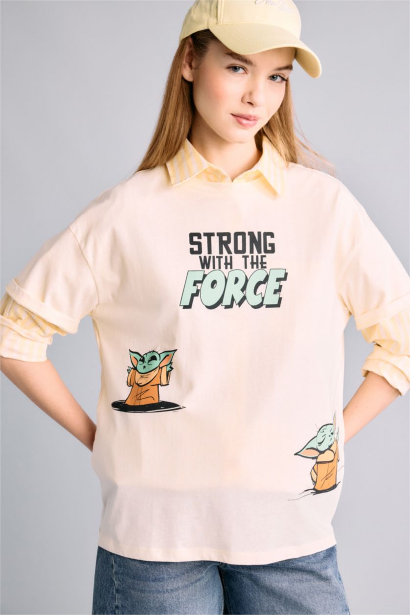 Kadın Ekru Star Wars Oversıze Bisiklet Yaka Baskılı Kısa Kollu Tişört