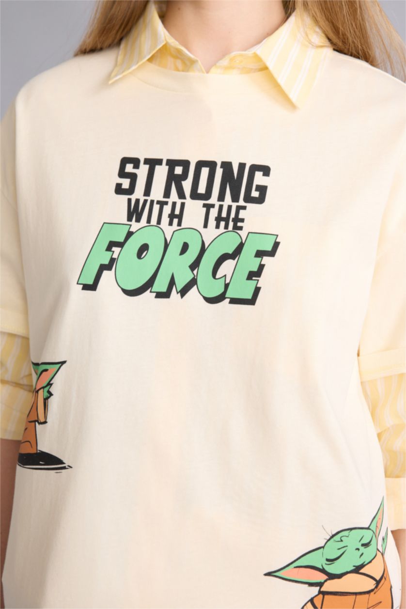Kadın Ekru Star Wars Oversıze Bisiklet Yaka Baskılı Kısa Kollu Tişört