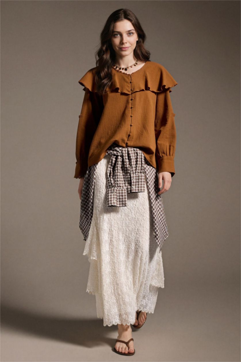 WOMAN Cinnamon Regular Fit Crinkle Fabric Long Sleeve Tunic