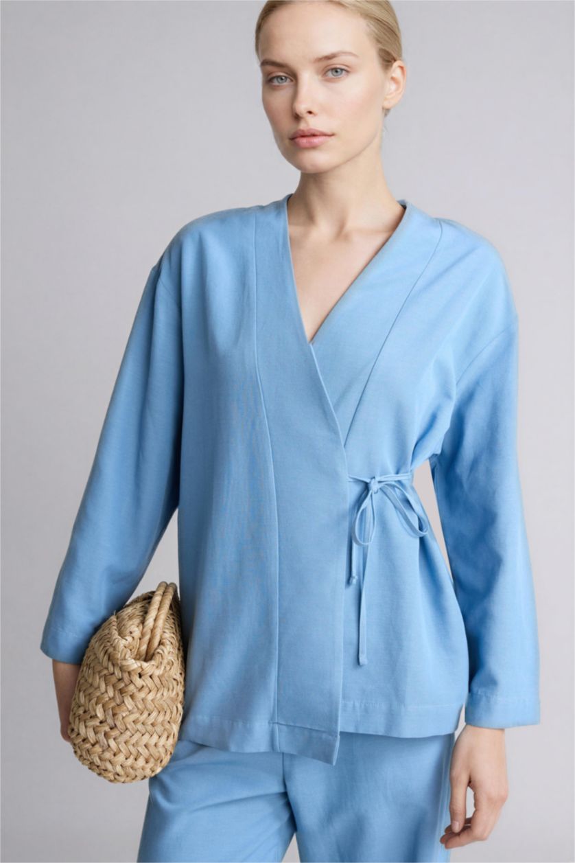 Kadın Mavi Regular Fıt Keten Karışımlı Tunik