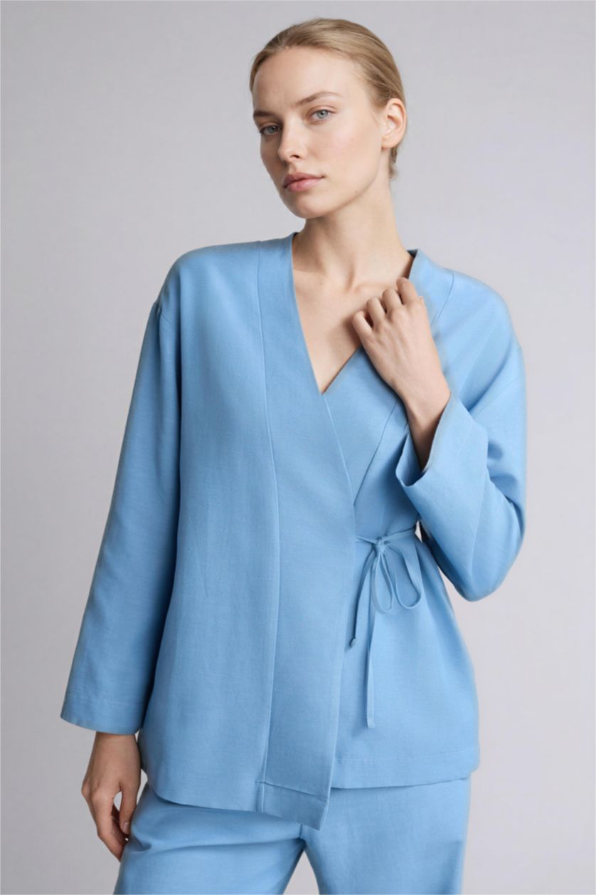 Kadın Mavi Regular Fıt Keten Karışımlı Tunik