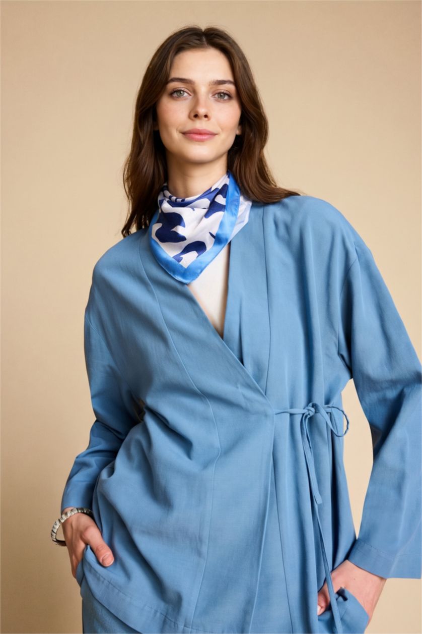 Women Blue Regular Fit Linen Blended Long Sleeve Tunic