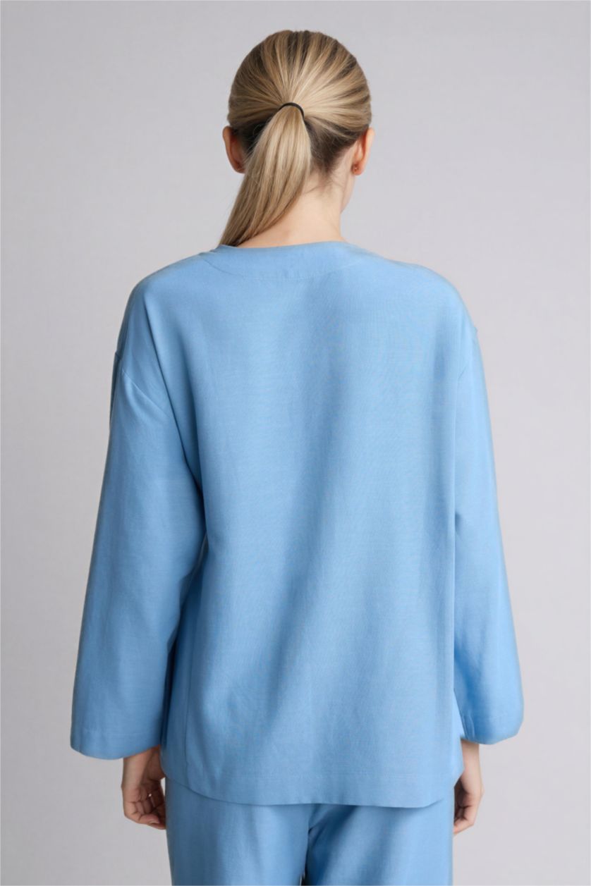 Kadın Mavi Regular Fıt Keten Karışımlı Tunik