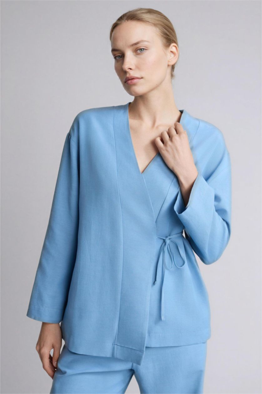 Women Blue Regular Fit Linen Blended Long Sleeve Tunic