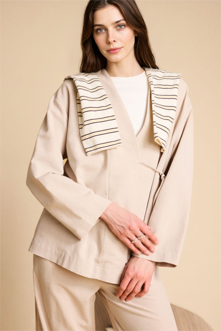 WOMAN Beige Regular Fit Linen Blended Long Sleeve Tunic