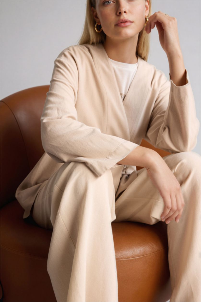 Kadın Bej Regular Fıt Keten Karışımlı Uzun Kollu Tunik