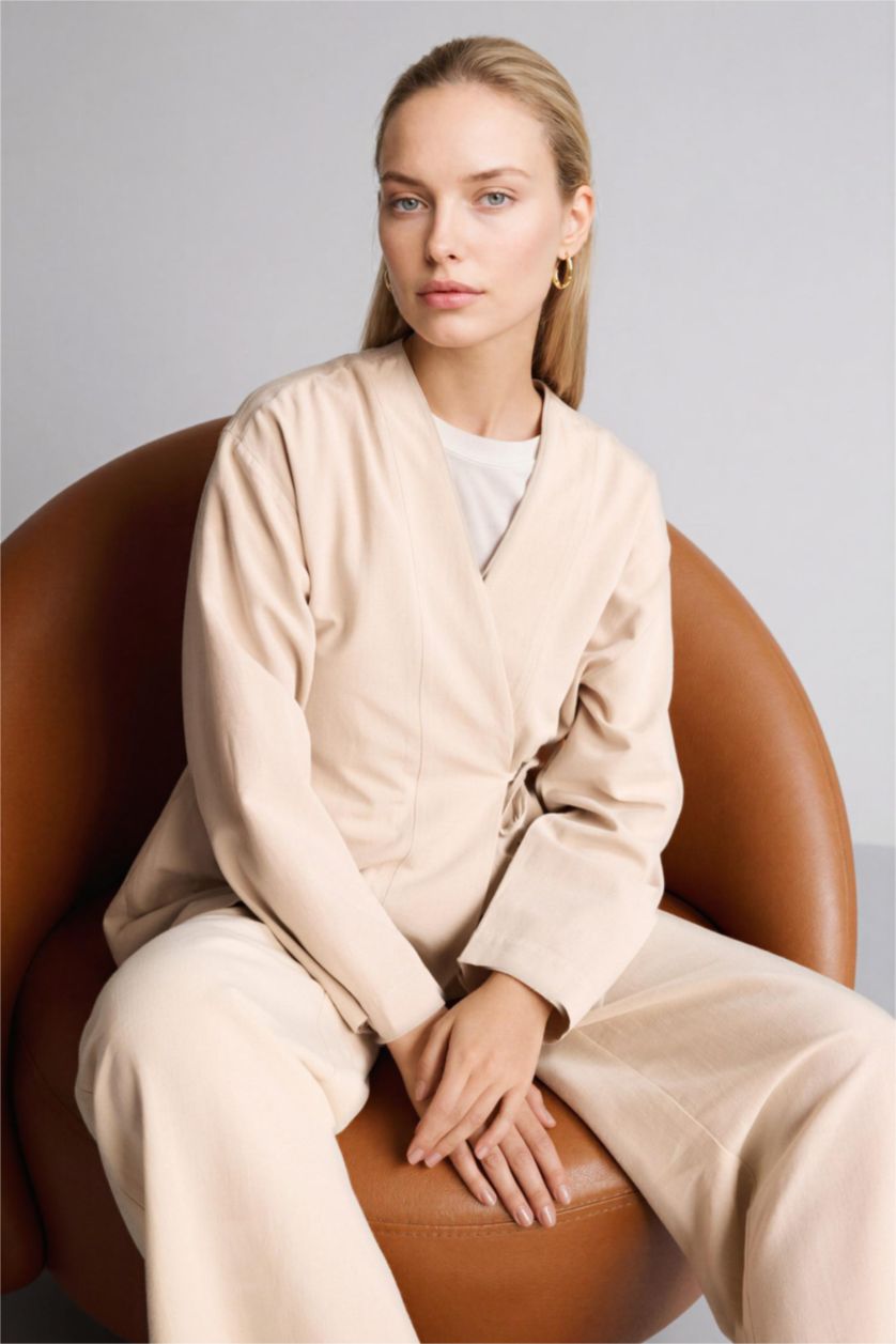 WOMAN Beige Regular Fit Linen Blended Long Sleeve Tunic