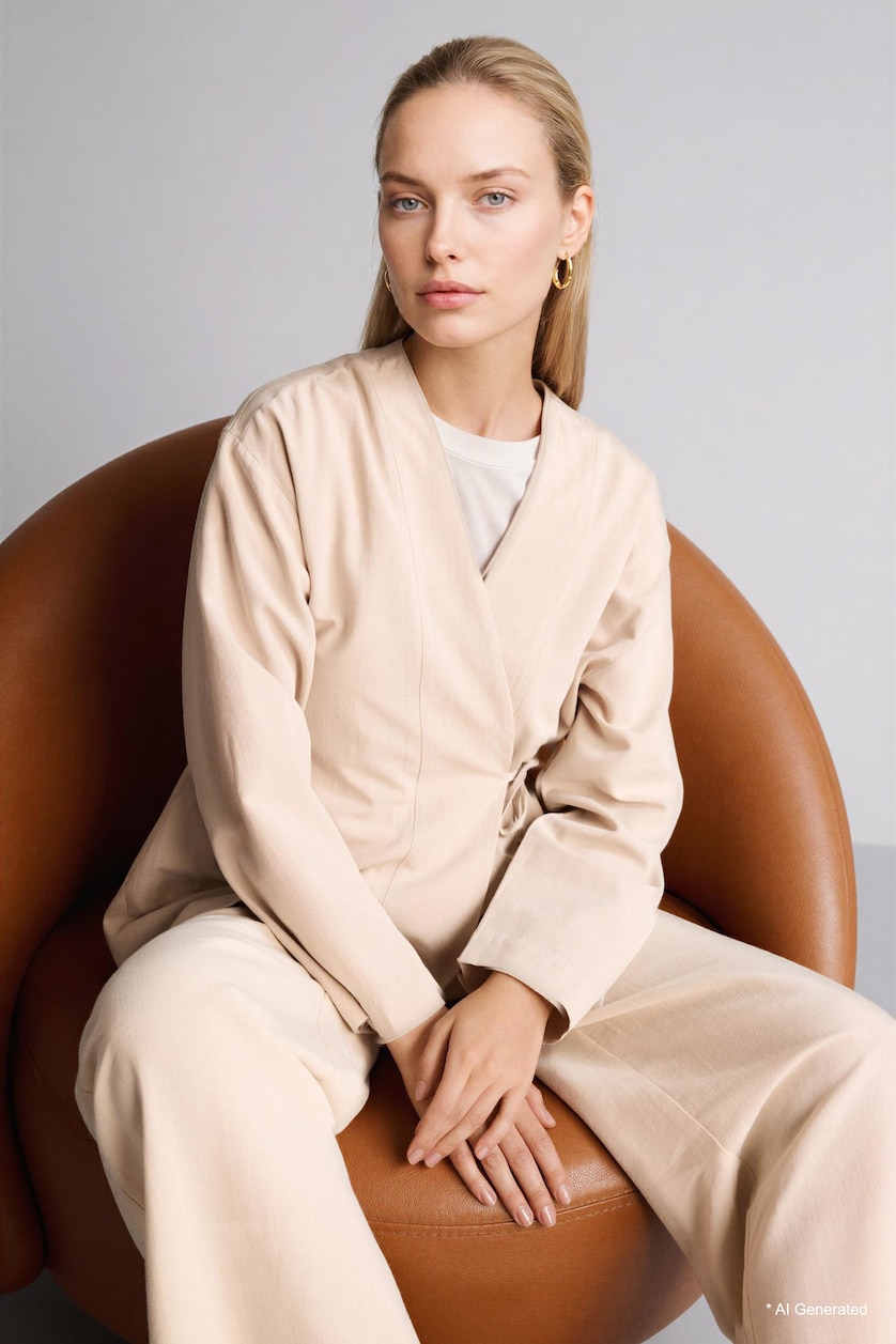 WOMAN Beige Regular Fit Linen Blended Long Sleeve Tunic