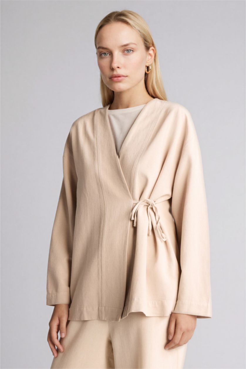 Kadın Bej Regular Fıt Keten Karışımlı Uzun Kollu Tunik