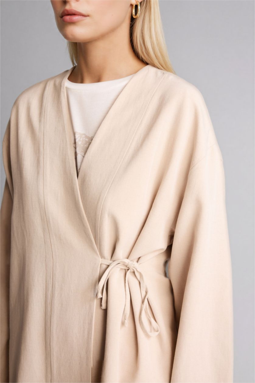 Kadın Bej Regular Fıt Keten Karışımlı Uzun Kollu Tunik