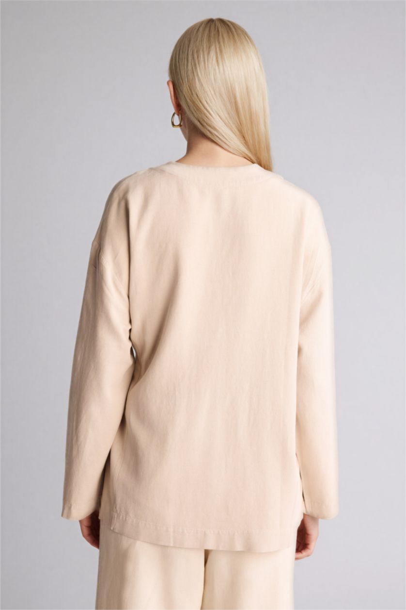Kadın Bej Regular Fıt Keten Karışımlı Uzun Kollu Tunik
